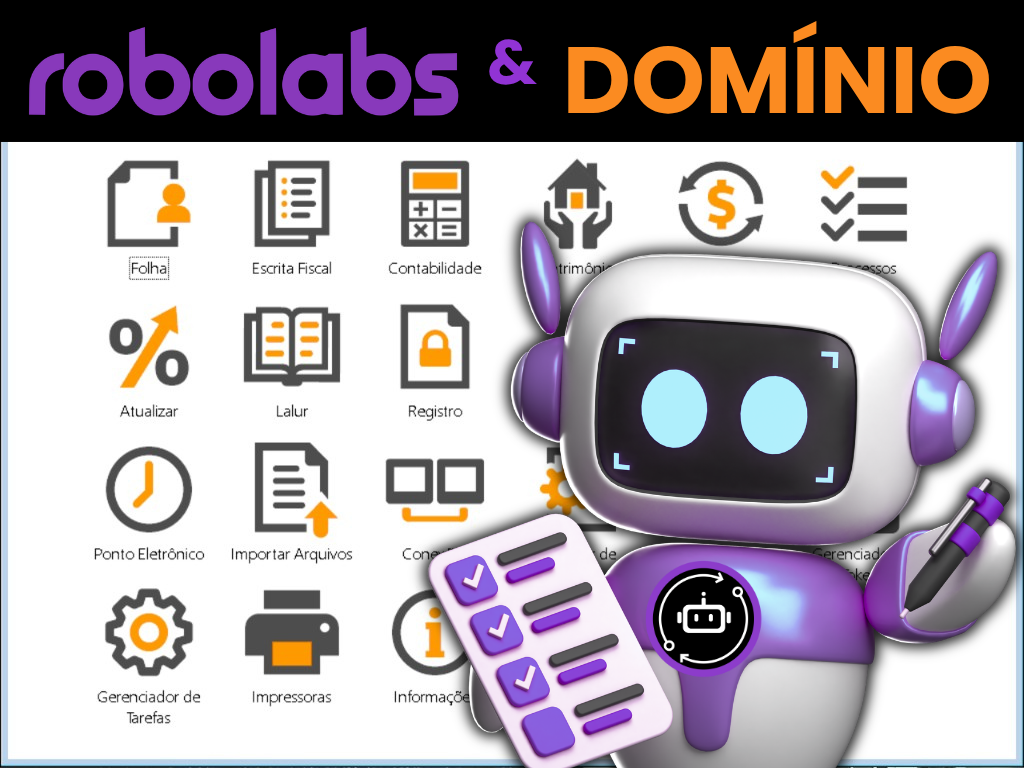 Mascote Robolabs e Domínio — automação fiscal no Sistema Domínio